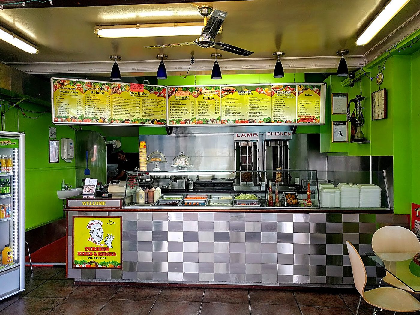 Open kitchen and rotating doner kebab spit